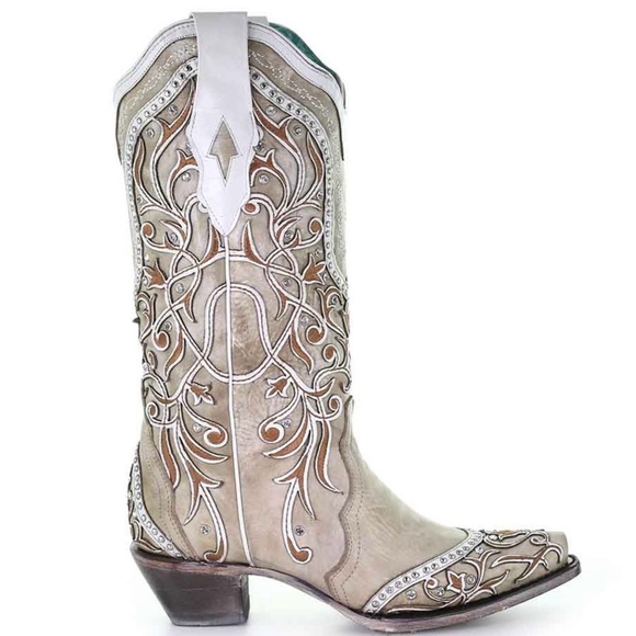 Corral White Overlay with Studs & Crystals Cowhide Leather Boots - Picture 2 of 6